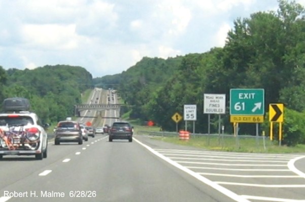 Image of gore sign for the US 5 exit, with new milepost based exit number on CT 15 North/
 Cross Parkway in Wallingford, June 2026