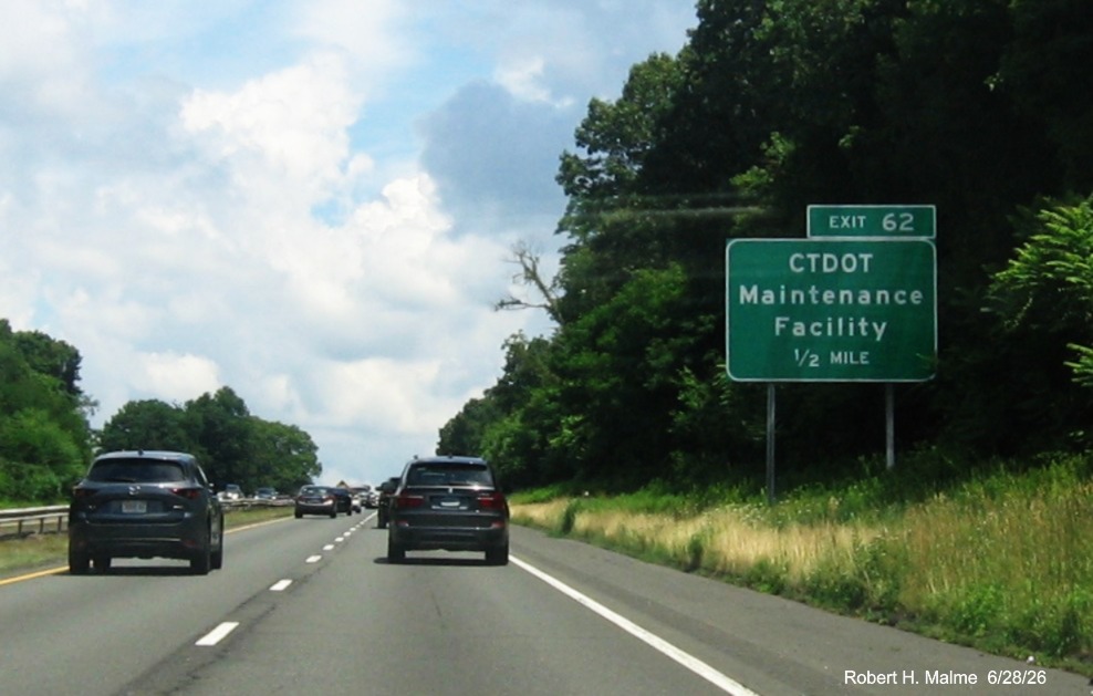 Image of new 1/2 mile advance sign for CTDOT Maintenance Facility exit, with milepost 
 based exit number on CT 15 North/Cross Parkway in Meriden, June 2026