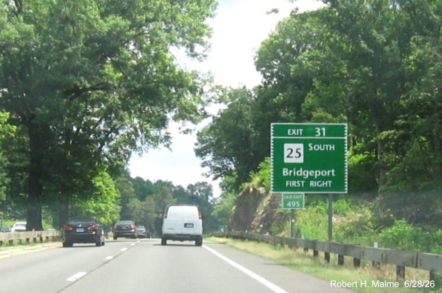 Image of 1/2 Mile advance sign for the CT 25 South exit, with new milepost based exit 
 number and Old Exit 49S sign on support post on CT 15 North/Merritt Parkway in Bridgeport, by Jay Hogan, October 2025