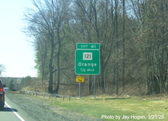 Image of new 1/2 mile advance ground mounted sign for the CT 121 exit, on CT 15 South/Cross 
 Parkway in Orange, by Jay Hogan, March 2026