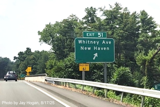 Image of ground mounted ramp sign for the first Whitney Avenue exit, with 
 new milepost based exit number with yellow Old Exit 61 sign on support post on CT 15 South/Cross Parkway in Hamden, 
 by Jay Hogan, August 2025