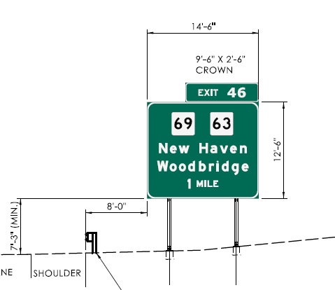 Sign plan image of 1 Mile advance sign with new milepost based exit number for CT 69/63 exit on CT 15 North, CTDOT May 2024