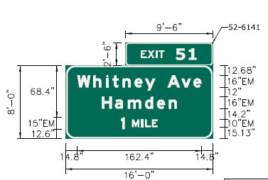 Sign plan image of new 1 Mile advance sign with new milepost based exit number on CT 15 North in Hamden, CTDOT May 2024