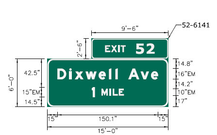 Sign plan image of new 1 Mile advance sign with new milepost based exit number for Dixwell Avenue exit on CT 15 North in Hamden, CTDOT May 2024