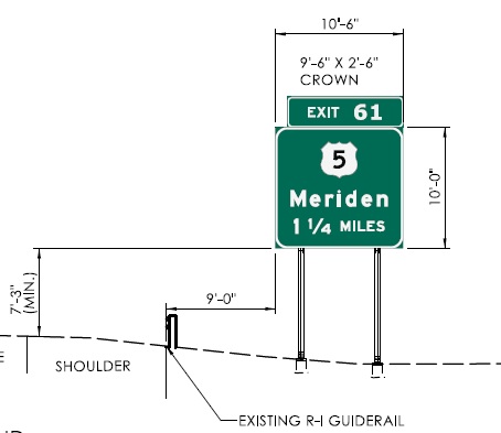 Sign plan image of new 1 1/4 Mile advance sign with new milepost based exit number for US 5 exit on CT 15 North in Meriden, CTDOT May 2024