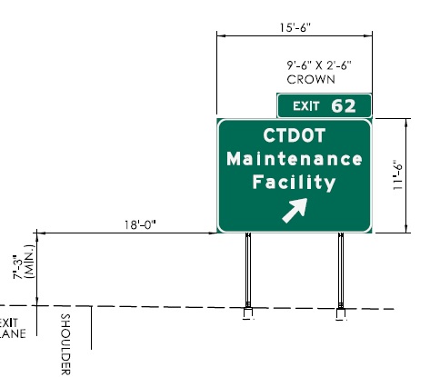 Sign plan image for new exit sign with new milepost based exit number for CTDOT Maintenance Facility exit on CT 15 North in Meriden, CTDOT May 2024