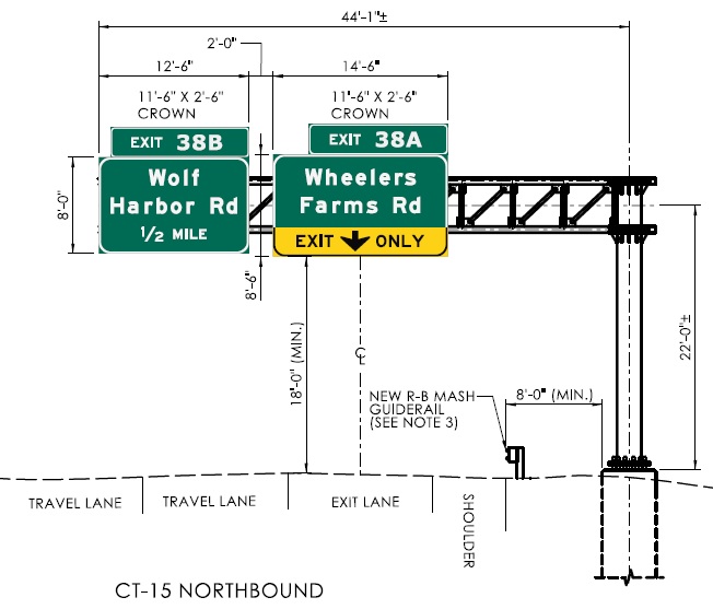 Sign plan imaged for overhead sign for Exits 38A and B on CT 15 Wilbur Cross Parkway, CTDOT, May 2024