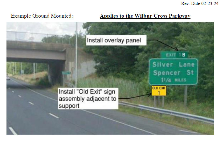 Image of signing plan for exit renumbering of ground mounted signs on CT 15/Cross Parkway, CTDOT May 2024