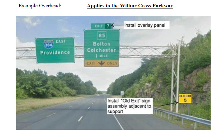 Image of signing plan for overhead signage for exit renumbering of overhead signs on Cross Parkway, CTDOT May 2024