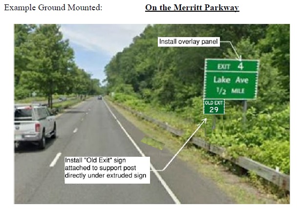 Image of signing plan for CT 15 ground mounted sign exit renumbering on the Merritt Parkway, CTDOT May 2024