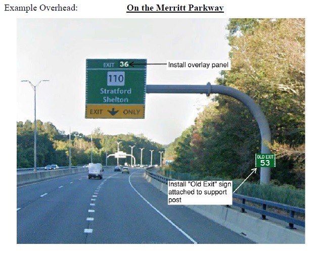 Image of signing plan for overhead signage for exit renumbering on the CT 15 Merritt Parkway, CTDOT May 2024