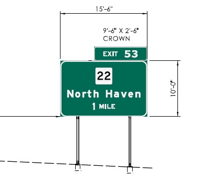 Sign plan image for new 1 mile advance sign with new milepost based exit number for CT 22 exit on CT 15 South in North Haven, CTDOT May 2024