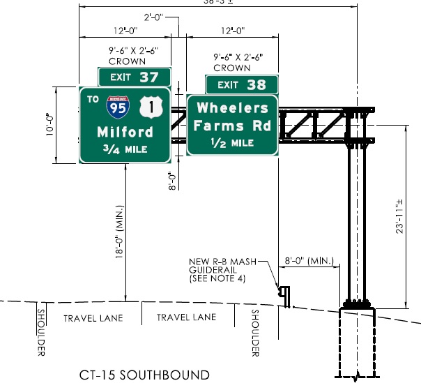 sign plan image for Exits 37 and 38 overhead signs at the start of the Wilbur Cross Parkway, CTDOT May 2024