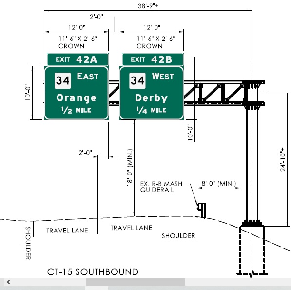 Sign plab image of overhead advance signs for CT 34 exits with new milepost based numbers on CT 15 South in Derby, CTDOT May 2024