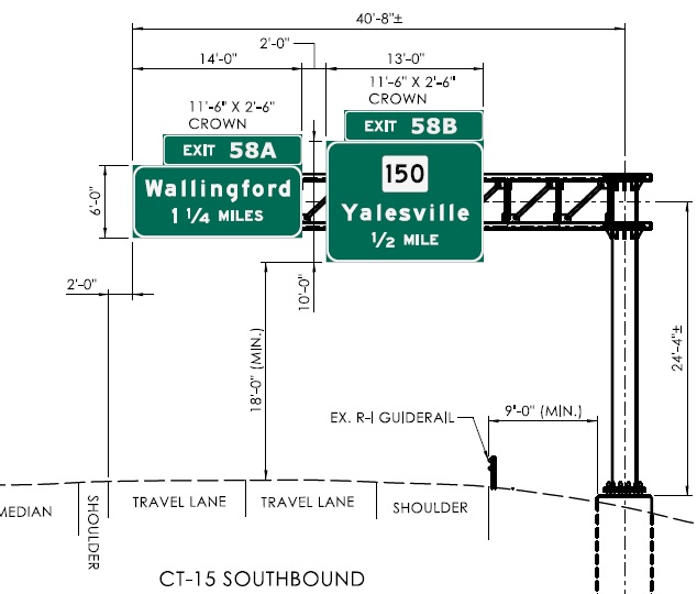 Sign plan image of new overhead advance signs with new milepost based exit numbers for Wallingford and CT 150 exits on CT 15 South, CTDOT May 2024