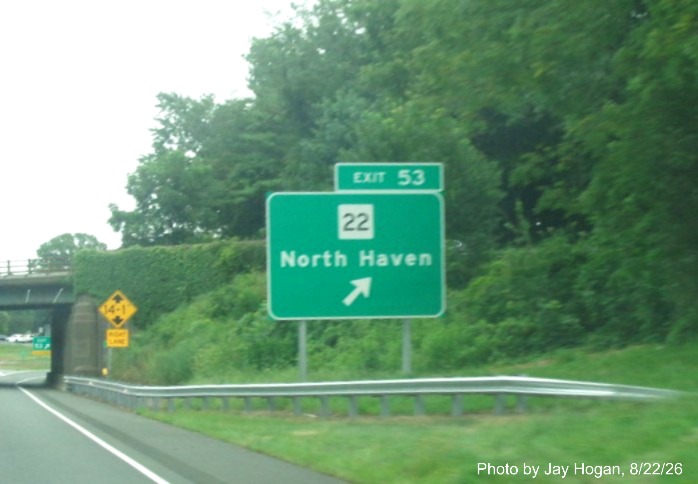 Image of new ground mounted ramp sign for the CT 22 exit, with new milepost 
 based exit number on CT 15 North/Cross Parkway in Woodbridge, Jay Hogan, August 2026