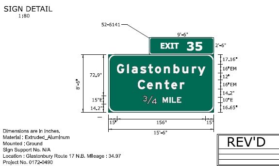 Image of ConnDOT sign plan of 3/4 mile advance sign for Glastonbury Center on CT 17 North to be placed in 2022