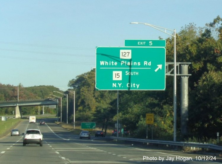 Image of overhead ramp sign with new milepost based exit number on CT 25 North in Bridgeport, by Jay Hogan, October 2024