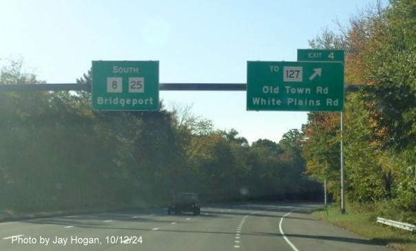 Image of overhead ramp sign for To CT 127 exit with new milepost based exit number on CT 25 South in Bridgeport, by Jay Hogan, October 2024