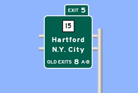 Sign Maker image of plan for CT 15 / Merritt Parkway exit on CT 25 South in Bridgeport with new milepost based exit number