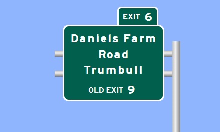 Sign Maker image of plan for exit sign for Daniel Farms Road on CT 25 South in Trumbull with new milepost based exit number