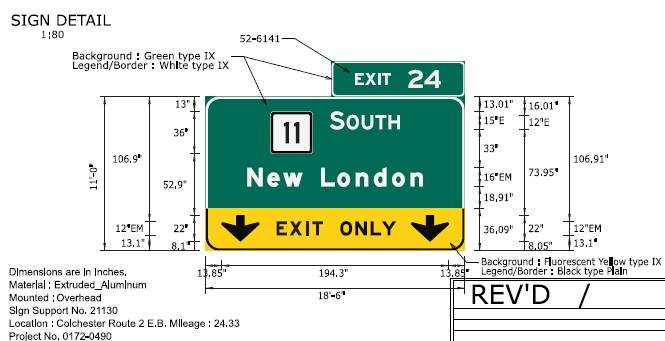 Image of ConnDOT sign plan for CT 11 South exit sign on CT 2 East to be placed in 2022