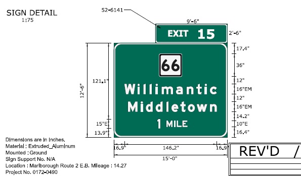 Image of ConnDOT sign plan for 1 mile advance for CT 66 on CT 2 East to be placed in 2022