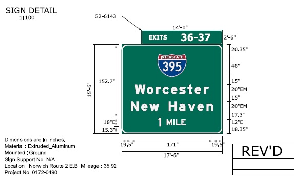 Image of ConnDOT sign plan of 1 mile advance for I-395 exits on CT 2 East to be placed in 2022