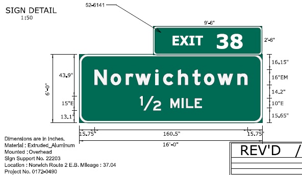 Image of ConnDOT sign plan of 1/2 mile advance for Norwichtown on CT 2 East for placement in 2022