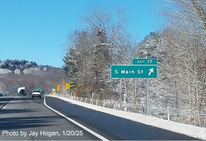 Image of ground mounted ramp sign for South Main Street exit with new milepost based
	  exit number on CT 2 West in Marlborough, by Jay Hogan, January 2025