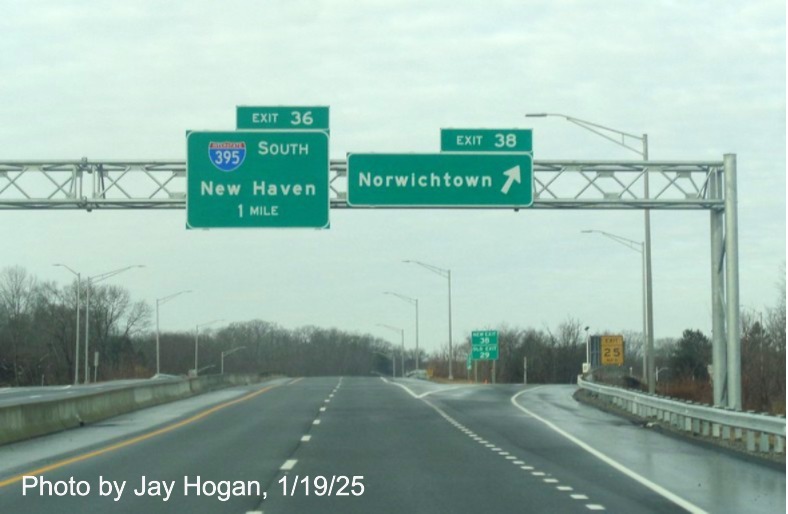 Image of overhead ramp sign for Norwichtown exit with new milepost based
	  exit number on CT 2 West in Norwich, by Jay Hogan, January 2025