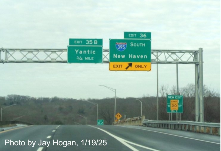 Image of overhead ramp sign for I-395 South exit with new milepost based
	  exit number on CT 2 West in Norwich, by Jay Hogan, January 2025