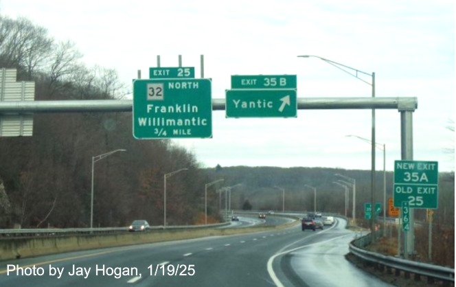 Image of overhead 3/4 Mile advance sign for CT 32 West exit with new milepost based
	  exit number on CT 2 West in Norwich, by Jay Hogan, January 2025