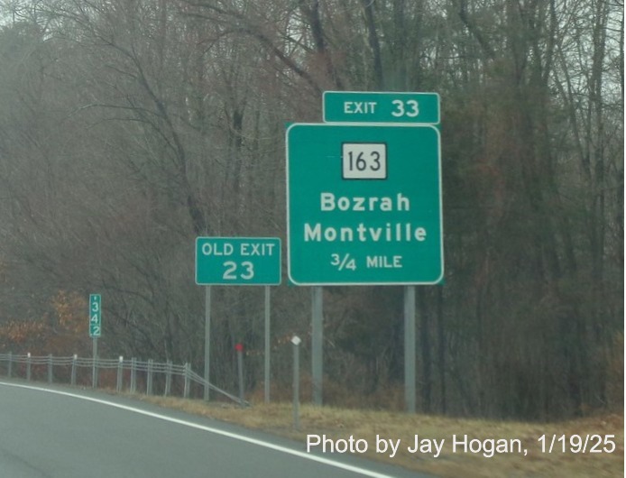 Image of ground mounted 3/4 mile advance sign for CT 163 exit with new milepost based
	  exit number on CT 2 West in Bozrah, by Jay Hogan, January 2025