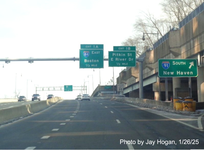 Image of first new overhead signs with exit numbers for I-84 East and Pitkin Street/E. River Drive at start of CT
	2 East in Hartford, by Jay Hogan, January 2025