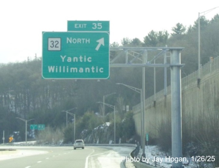 Image of overhead ramp sign for CT 32 West exit with new milepost based
	  exit number on CT 2 East in Norwich, by Jay Hogan, January 2025