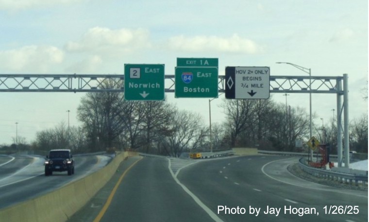 Image of the renumbered exit sign for I-84 East on CT	2 East in East Hartford, by Jay Hogan, January 2025