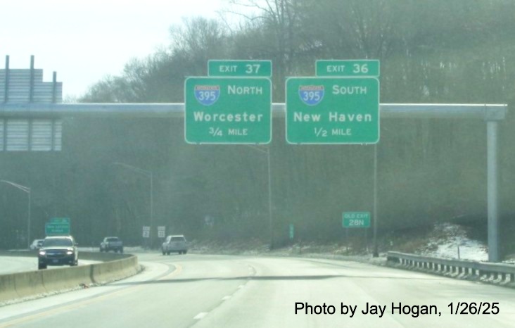 Image of overhead 1/2 and 1 Mile advance signs for I-395 exits with new milepost based
	  exit number on CT 2 East in Norwich, by Jay Hogan, January 2025