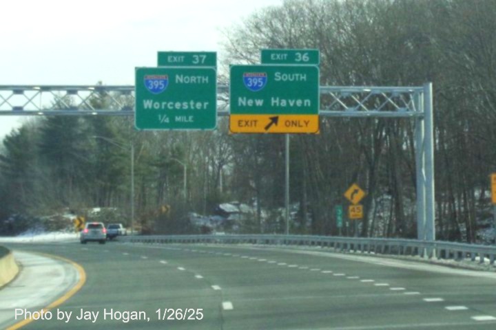 Image of overhead signs for I-395 exits with new milepost based
	  exit number on CT 2 East at ramp for I-395 South in Norwich, by Jay Hogan, January 2025