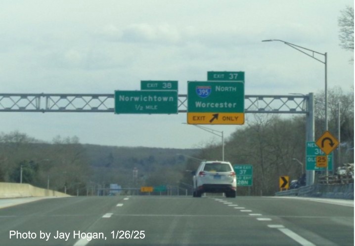 Image of overhead sign for I-395 North exit with new milepost based
	  exit number on CT 2 East in Norwich, by Jay Hogan, January 2025