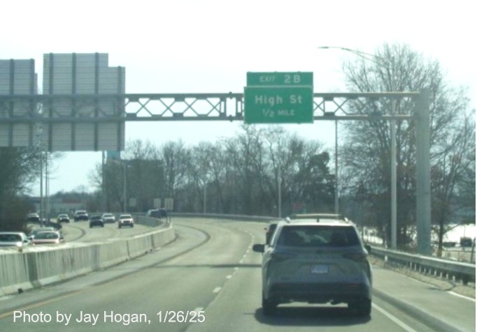 Image of 1/2 mile advance sign for High Street exit with new milepost based
	  exit number on CT 2 East in East Hartford, by Jay Hogan, January 2025