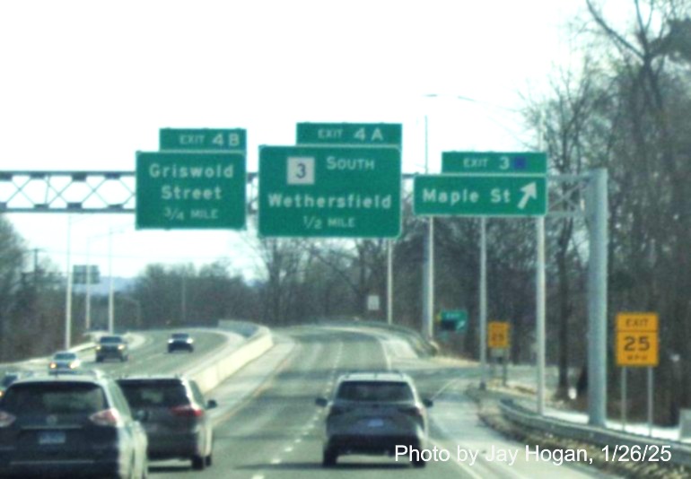 Image of 1/2 mile advance sign for CT 3 exit with new milepost based
	  exit number on CT 2 East in Glastonbury, by Jay Hogan, January 2025