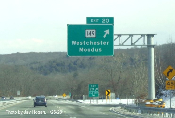 Image of overhead ramp sign for CT 149 exit with new milepost based
	  exit number on CT 2 East in Westchester, by Jay Hogan, January 2025