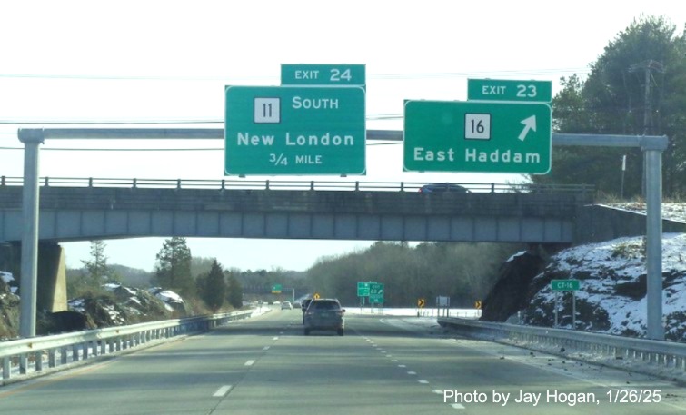 Image of overhead ramp sign for CT 16 exit with new milepost based
	  exit number on CT 2 East in Colchester, by Jay Hogan, January 2025