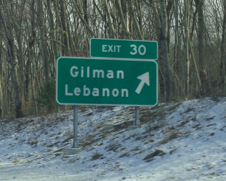 Image of ground mounted ramp sign for Gilman/Lebanon exit with new milepost based
	  exit number on CT 2 East in Gilman, by Jay Hogan, January 2025