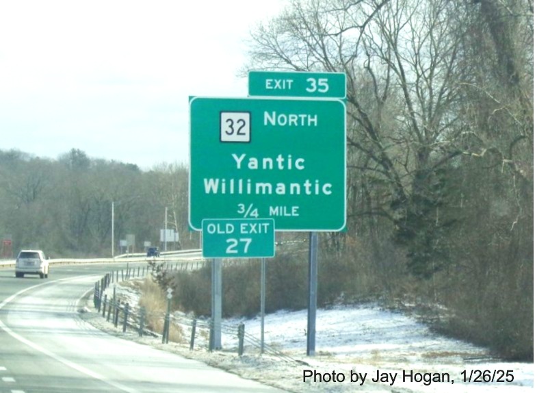 Image of 1 Mile advance sign for CT 32 West exit with new milepost based
	  exit number on CT 2 East in Norwich, by Jay Hogan, January 2025