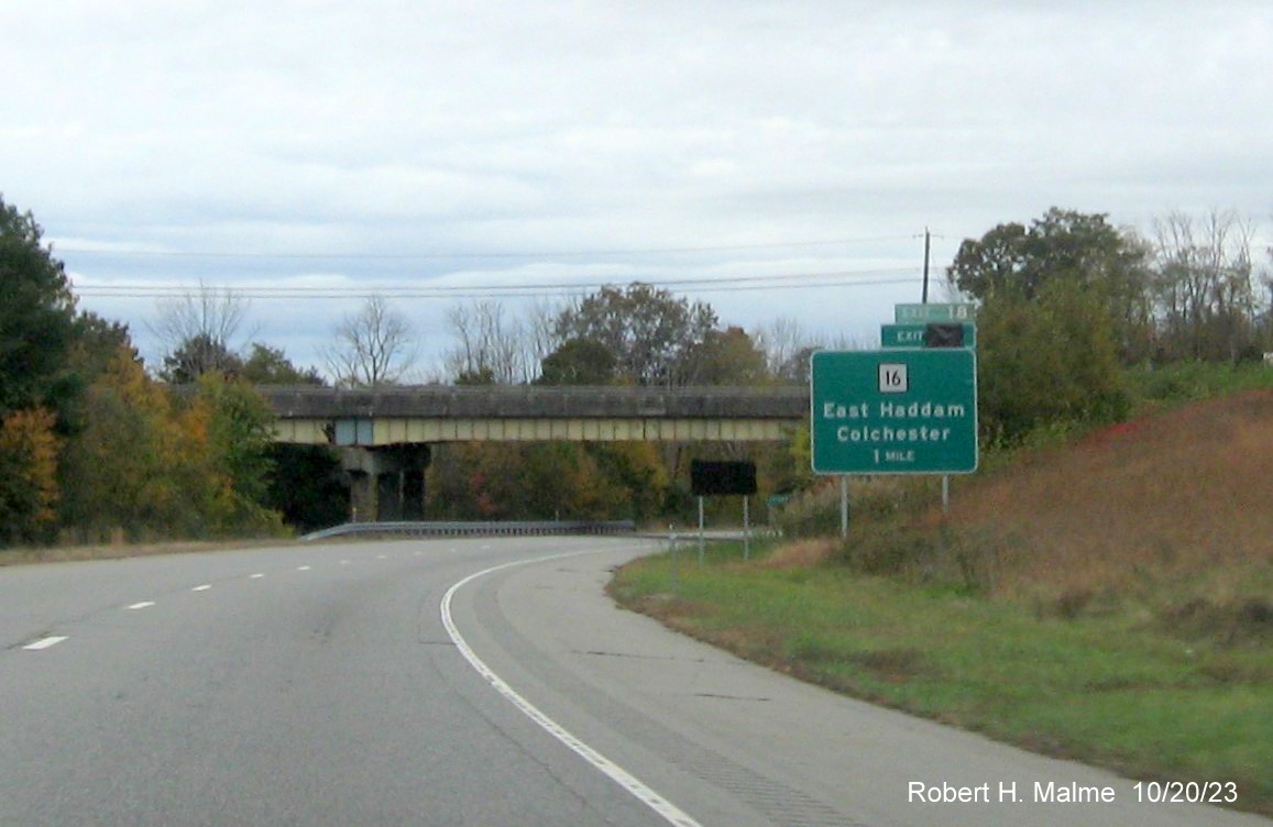 Image of recently placed 1 mile advance sign for CT 16 exit with future milepost based exit number covered up on CT 2 West in Colchester, October 2023