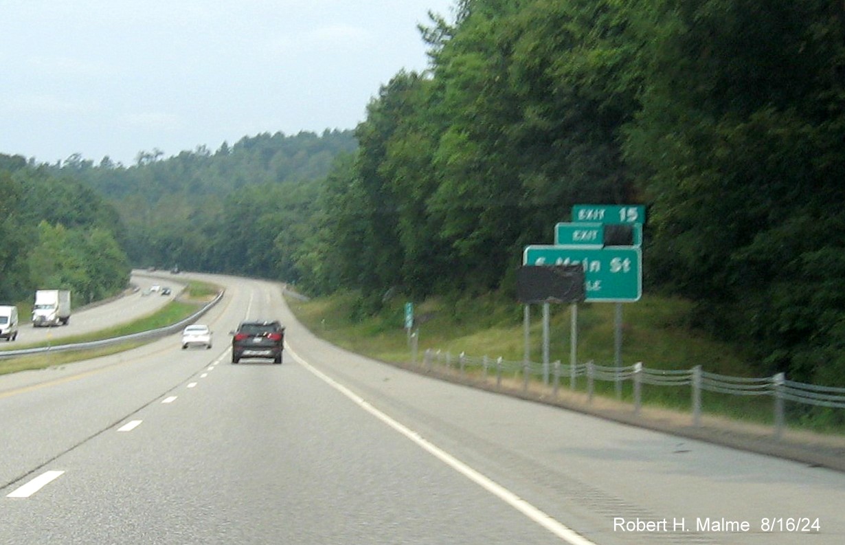 Image of 1 mile advance sign for South Main Street exit still with covered over future milepost based 
       exit number on CT 2 West in Marlborough, August 2024