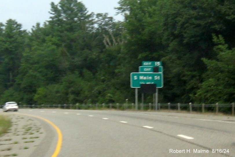 Image of 1/2 mile advance sign for South Main Street exit still with covered over future milepost based 
       exit number on CT 2 West in Marlborough, August 2024