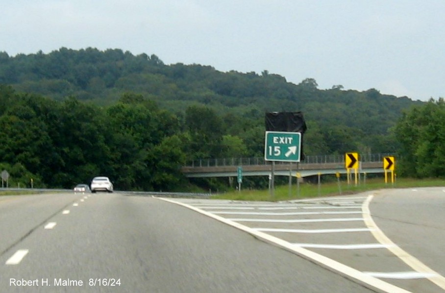 Image of gore sign for South Main Street exit with covered over future sign behind on 
        CT 2 West in Marlborough, August 2024